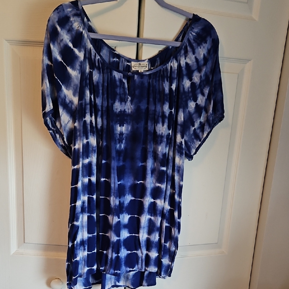 grand & greene Navy and White Tie-Dye Short Sleeve Blouse